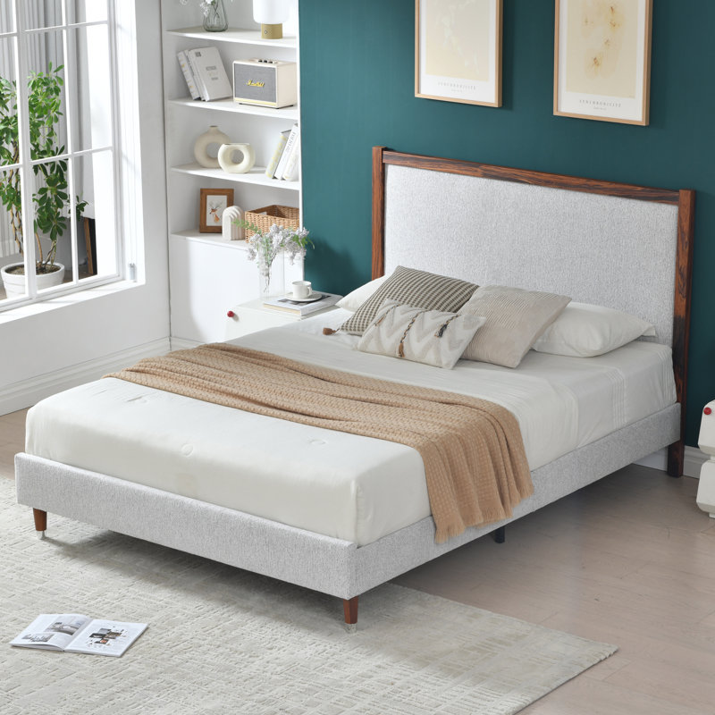 Wooden platform bed with upholstered base, Light Gray, Full
