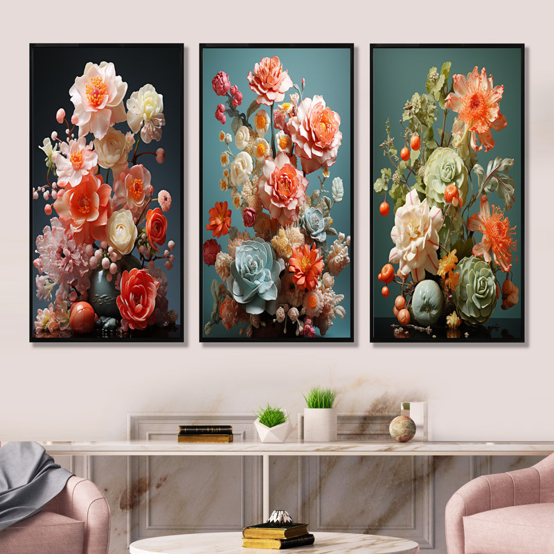 Floral Oasis Bouquet I - Fleurs, ensemble de 3 reproductions d'art mural, Cadre flottant noir, H 40 po x l 60 po