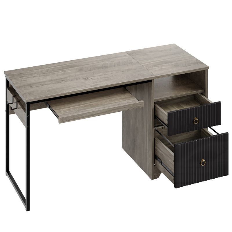 55'' Home Office Computer Desk with File and Storage Drawers,  Fluted Writing Desk with Keyboard Tray&Practical Hook and Open Compartments