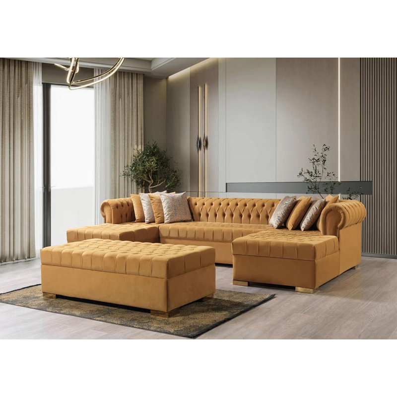 Canapé modulaire et repose-pieds Jelinek, Velours moutarde