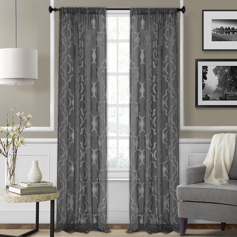 Panneau de rideau simple avec passe-tringle géométrique Bezu, Noir, l 52" x L 95"