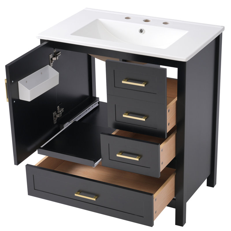 Meuble-lavabo 30 po avec plateau en céramique et tablette coulissante, Noir