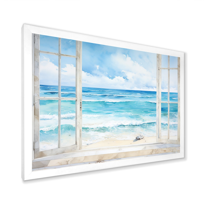 «Tranquility Beachside Windows Horizon II - Coastal Windows», art mural, Cadre de coin blanc fermé