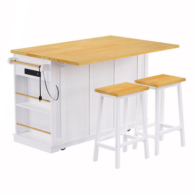 53inch Large Kitchen Island with Bar Stools, Power Outlet, Storage, and Mobility for Enhanced Cooking Experience by Lark Manor