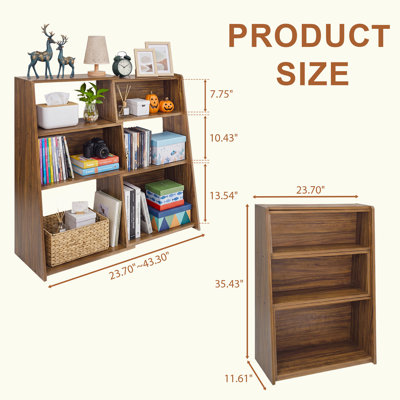 Bibliothèque en bois extensible, bibliothèque convertible 3-en-1 pour les petits espaces, bibliothèque à 3 niveaux pour salon, bureau, chambre à coucher, noyer