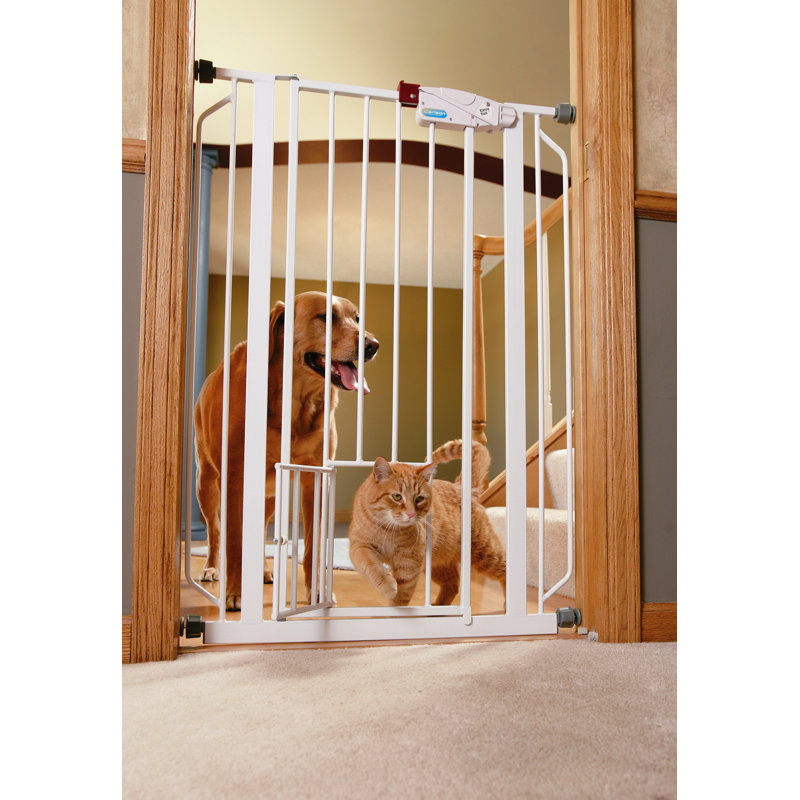 Extra Tall White Metal Pet Gate with Small Door