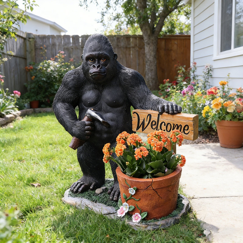 Statue de jardin gorille avec pot de fleurs