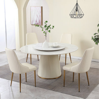 Table de salle à manger 31,5 po en pierre frittée rotative pour 6 à 8 personnes, base en bois et en métal résistante aux égratignures, matériau de haute qualité moderne de 59 po avec support de support rotatif, sièges anti-égratignures, fins et de soutien
