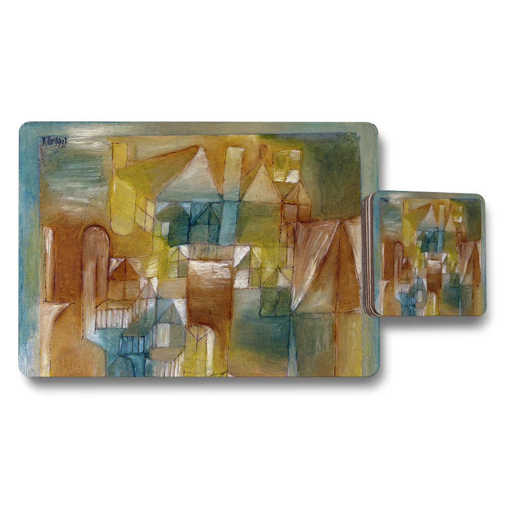 Abstract Cityscape Placemats And Coaster Set With Geometric Art