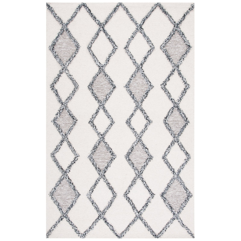 Tapis ivoire en laine / coton touffeté à la main à motif géométrique Pappalardo, Rectangle 6 pi x 9 pi