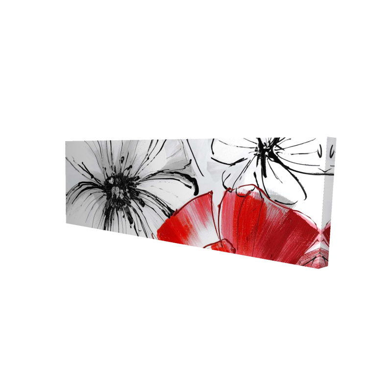 Fleurs rouges et blanches sur toile, art mural floral botanique, H 16 po x l 48 po