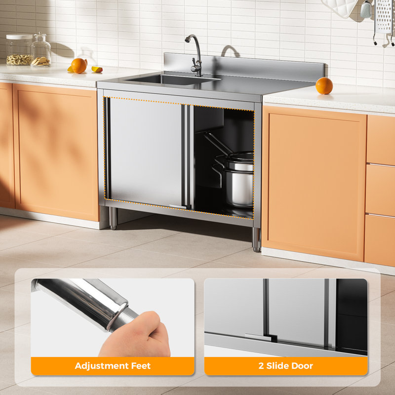 39" Freestanding Single Bowl Cabinet Utility Sink Sink, Stainless Steel, Modern Design, For Kitchen, Bathroom, Workshop, Garage, Laundry Room, Easy Assembly