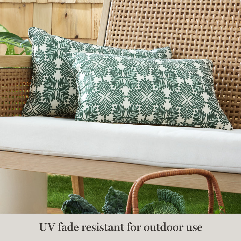 MARTHA STEWART Tulum Indoor Outdoor Lumbar Pillow 2-Pack Set, 18", 18"H x 11"W, Green, Rectangle