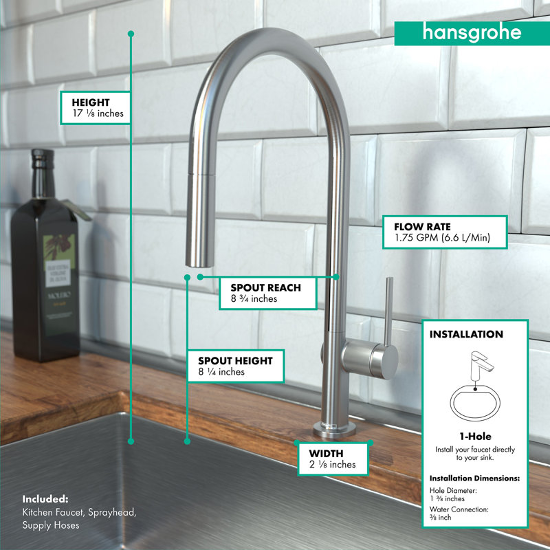 Robinet de cuisine Hansgrohe Talis N HighArc, rétractable à 2 jets de style O, 1,5 gal / min, Acier optique