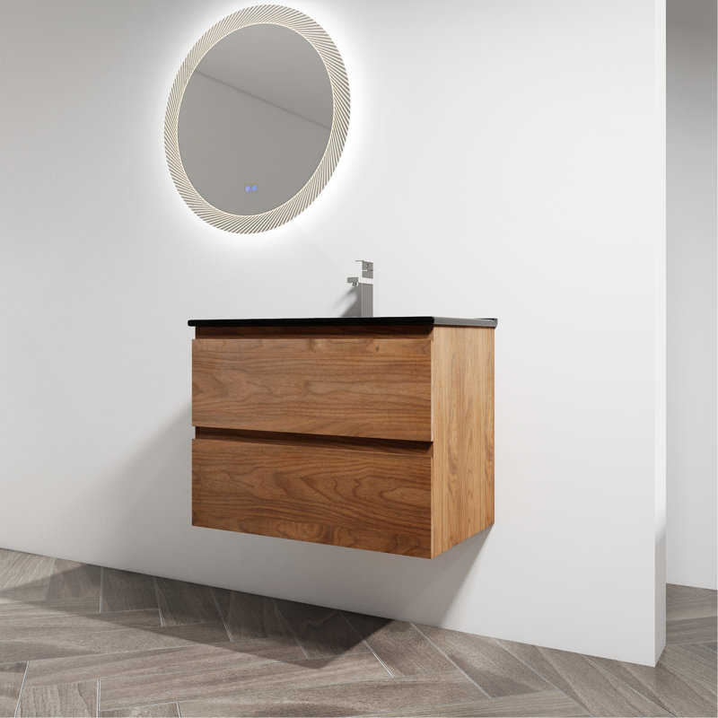 30" Wall-Mounted Bathroom Vanity With Black Ceramic Sink, 2-Soft Close Drawers, KD-Package, Walnut, 30"