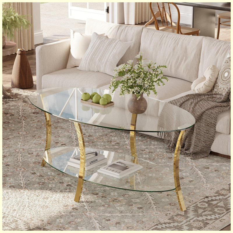 Table basse 43,3 "moderne ovale en verre avec double tablette en verre et pieds en métal doré, Transparent / doré