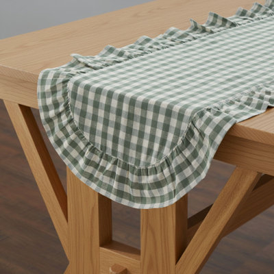 Margaret Green Gingham Ruffled Cotton Table Runner - 12x72 Green & Natural Oval Runner