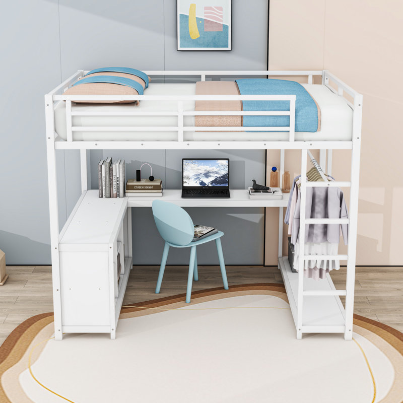 Lit mezzanine en métal avec bureau, garde-robe et tablettes de rangement, Grand lit, Blanc