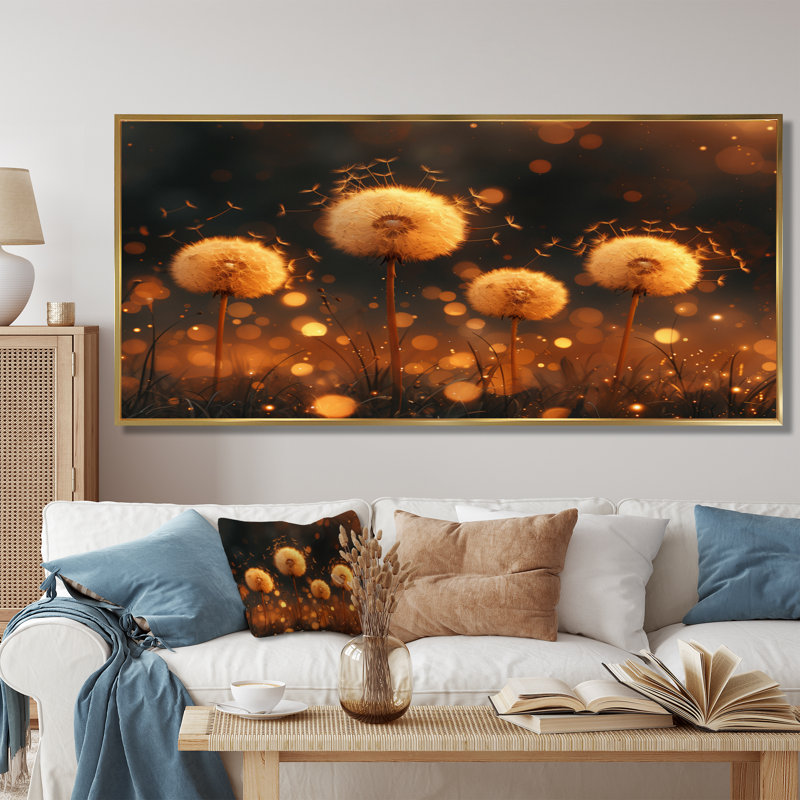 Décoration murale jaune pissenlit doré au lever du soleil - Pissenlit, Cadre flottant doré, H 16 po x l 32 po
