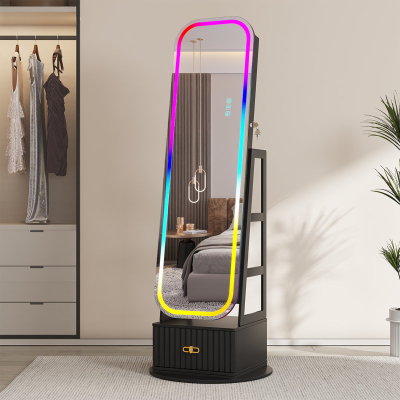22.05" Wide Freestanding Jewelry Armoire With Mirror And Led Light, Black