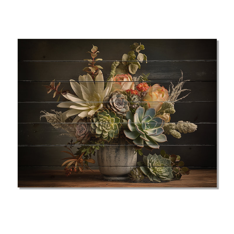 «Succulent Bouquet Still Life I», art sur bois de pin naturel, H 30 po x l 40 po