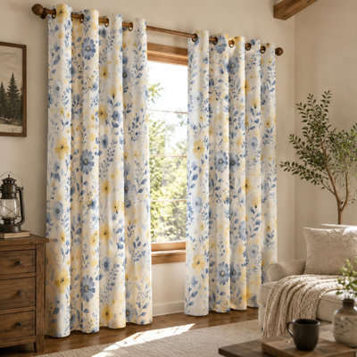 2Pcs Watercolor Floral Print Sun Blocking Curtains, Botanical Style Ring Top, Decorative Room Darkening for Living Bedroom Farmhouse for Home Dector