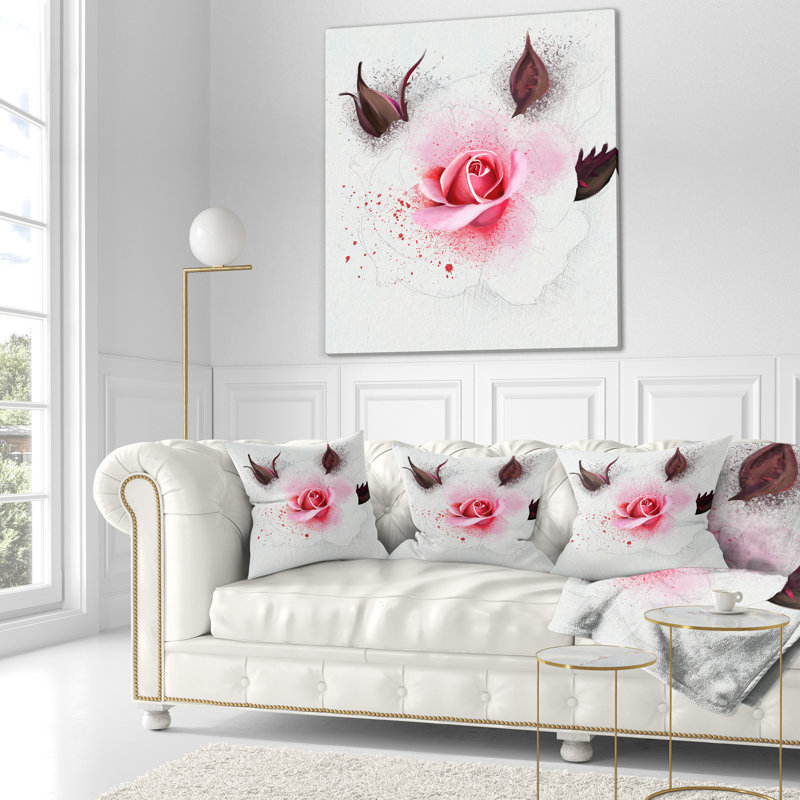 Rose aquarelle avec bourgeons bruns - coussin à imprimé floral, 16 po x 1 po, Coussin décoratif