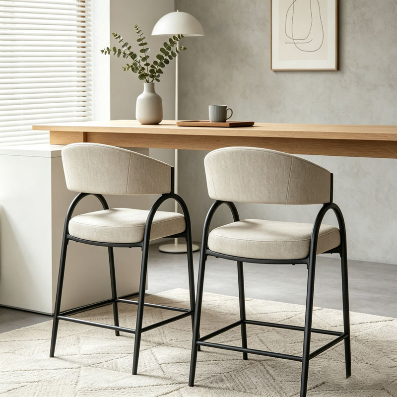 Tabourets de bar modernes en tissu avec dossier, structure en métal noir