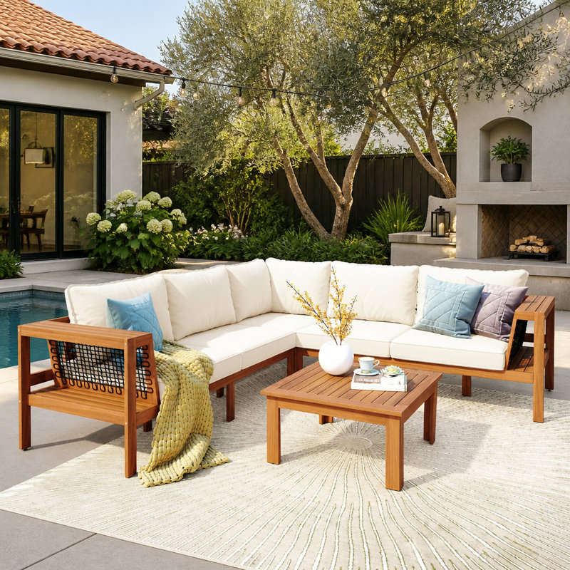Ensemble de canapé d'extérieur en forme de L en bois d'acacia durable avec accoudoirs en maille tissée et coussins confortables pour terrasse