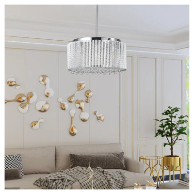 Lustre suspendu moderne en cristal 16 po avec finition chromée - Luminaire tambour 7 lumières pour salle à manger, salon ou chambre à coucher