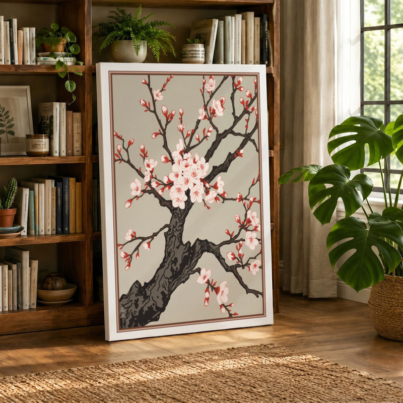 Spring Blossom Branch Japandi - Wrapped Canvas, 30x20 - 76.2 x 50.8 cm, Black Border