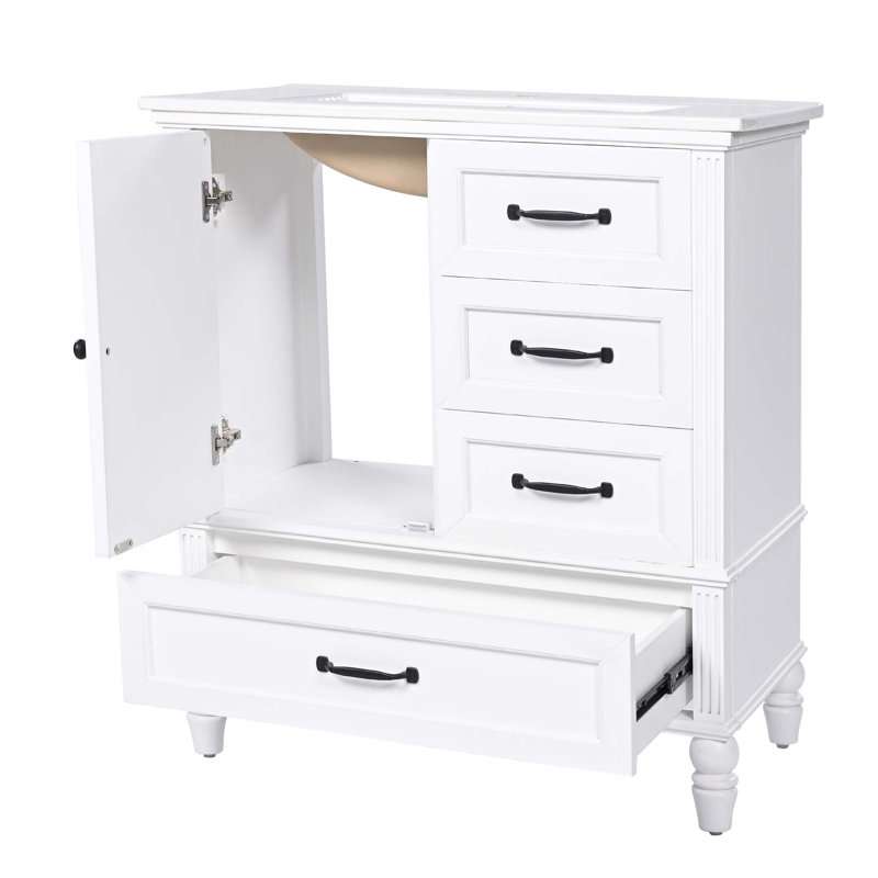Meuble-lavabo de 30 po avec lavabo, armoire de salle de bain avec porte, trois tiroirs, pieds en bois massif et panneau de fibres à densité moyenne, patins réglables, blanc