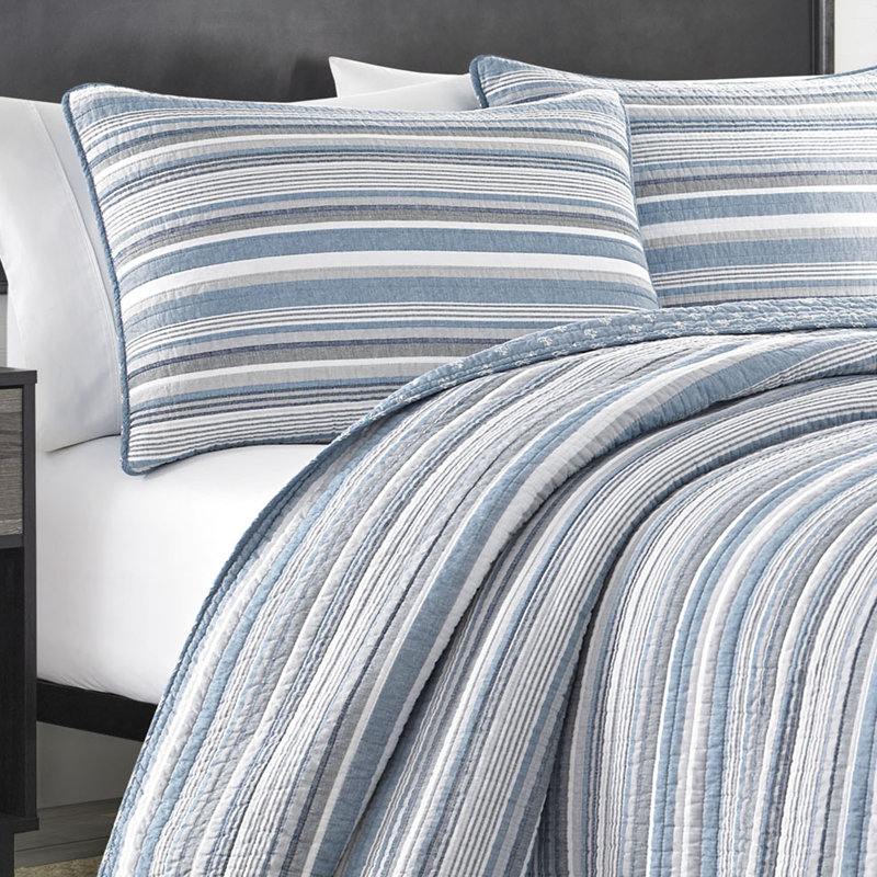 Ensemble de courtepointe réversible en coton rayé bleu Nautica Jettison, Courtepointe de grande taille et 2 taies décorati