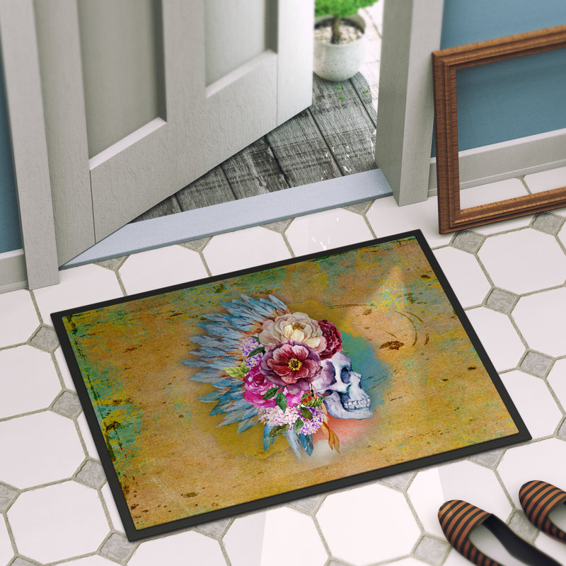 Tapis de porte d’extérieur anti-dérapant pour le crâne des fleurs, Jaune / Bleu, 36 po