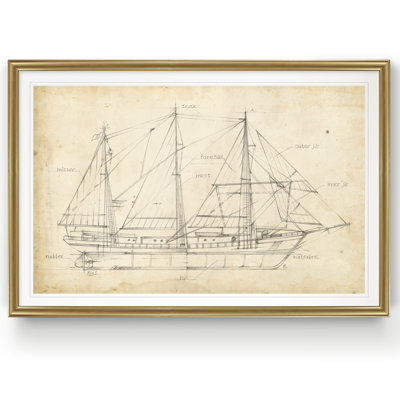 Sailboat Blueprint II - Matted and Framed Under Acrylic Glass, Large Living Room Wall Art