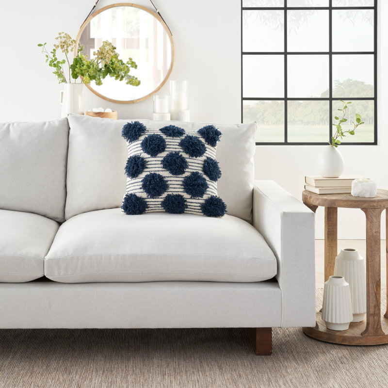  Housse et insert de coussin en coton touffeté à pompons, Bleu marine