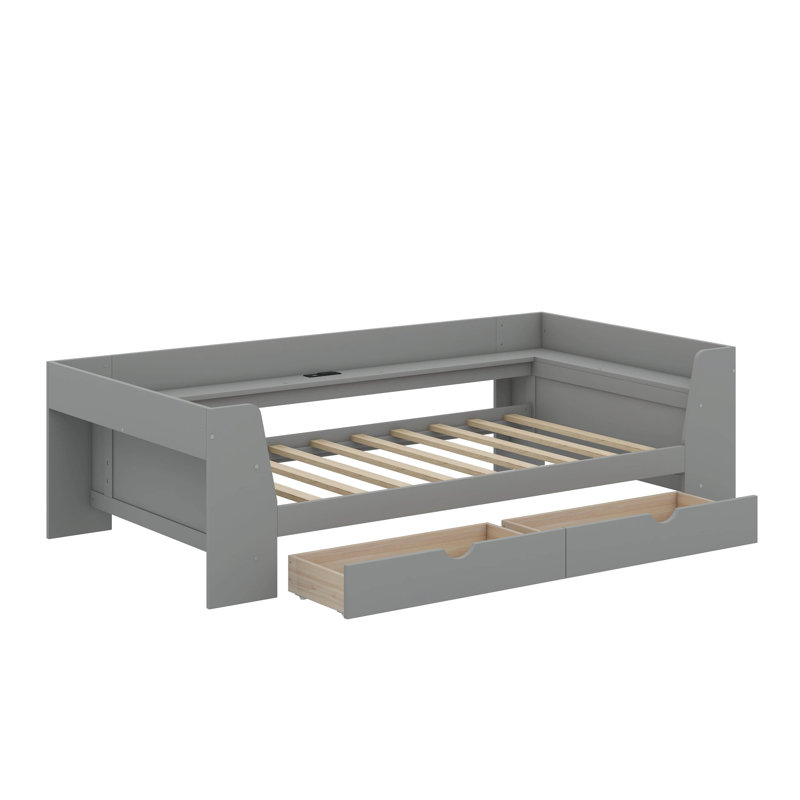 Lit de jour simple avec tiroirs, tablettes et station de charge, Gris