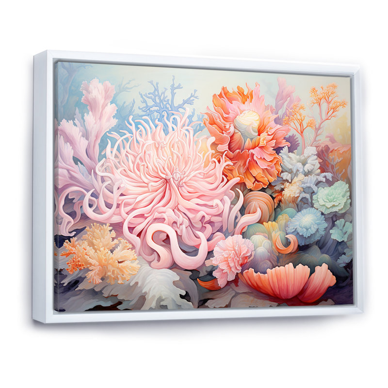 Pink Anemone Symphony, reproduction d'art sur toile, Cadre flottant blanc, H 16 po x l 32 po