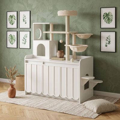 Cat Tree with Cabinet, Sisal Scratching Posts, Storage Space, Hammocks, Top Perch and Hanging Toys