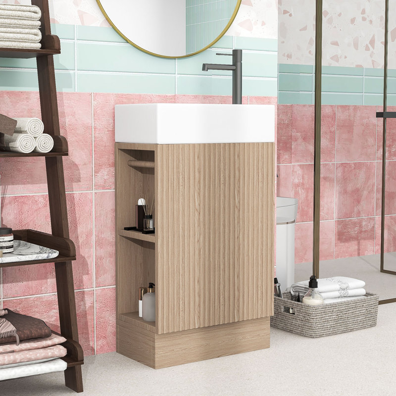 Meuble-lavabo en bois et tablette en céramique, Naturel