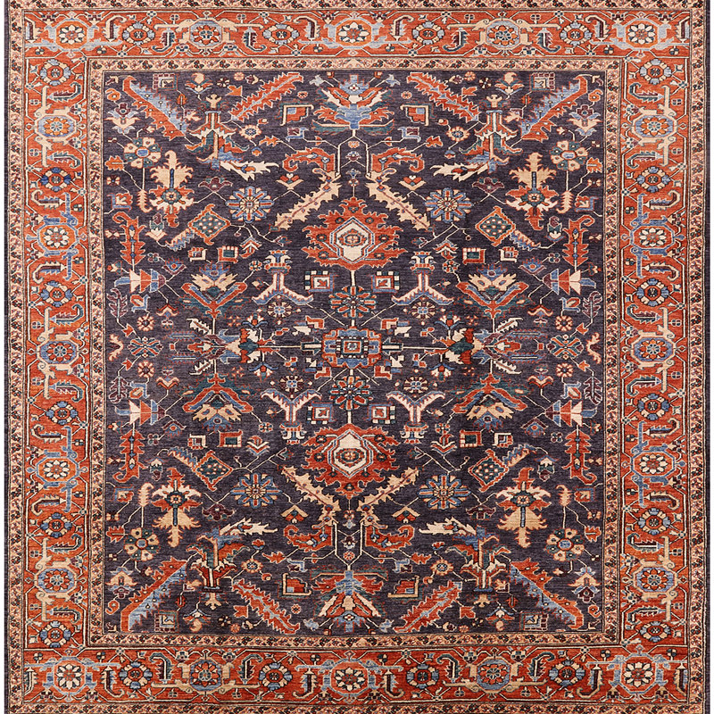 Tapis oriental bleu marine / rouge, Carré 7 pi