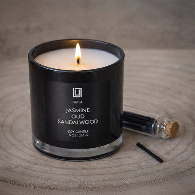 | Jasmine, Oud & Sandalwood | Luxury Scented Soy Jar Candle | Hand Poured in The USA | Highly Scented & Long Lasting (9 Oz.)