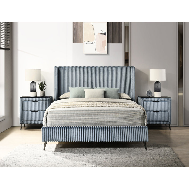 Ensemble de chambre à coucher grand bleu en velours côtelé avec 2 tables de chevet fonctionnelles et mobilier moderne à texture chaleureuse