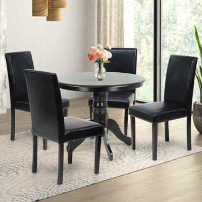 5 Piece Dining Table Set, 4 Classic Style Solid Wood Falabella Upholstered Chairs w Round Pedestal Base Dining Table