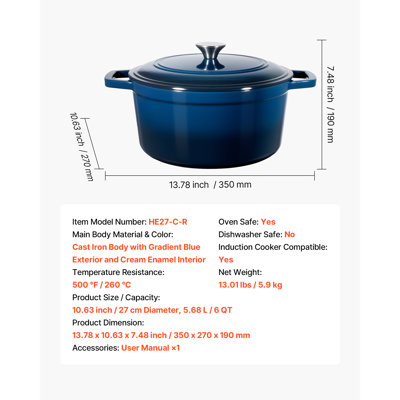 Cocotte en fonte émaillée, 6 litres, avec couvercle et double poignée, compatible induction jusqu'à 260 °C, robuste et durable, idéale pour les ragoûts, les rôtis et la cuisson du pain, bleue, conçue pour le braisage.