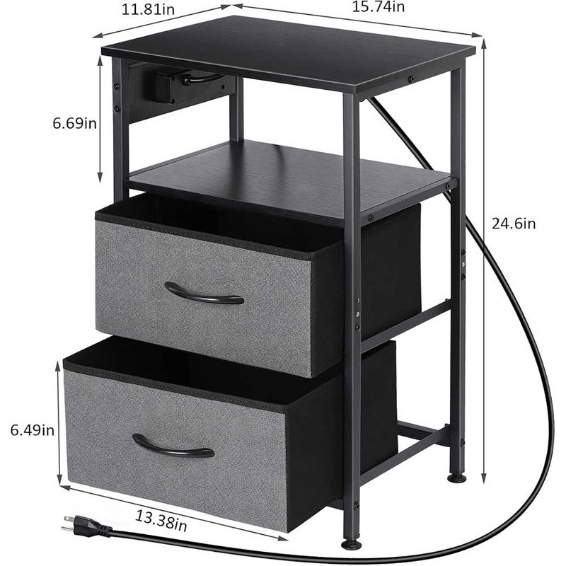 Table de chevet à 2 niveaux avec station de charge, table de chevet en métal noir avec 2 tiroirs en tissu, port et prise USB intégrés, table d'appoint pour bureau de salon de chambre à coucher