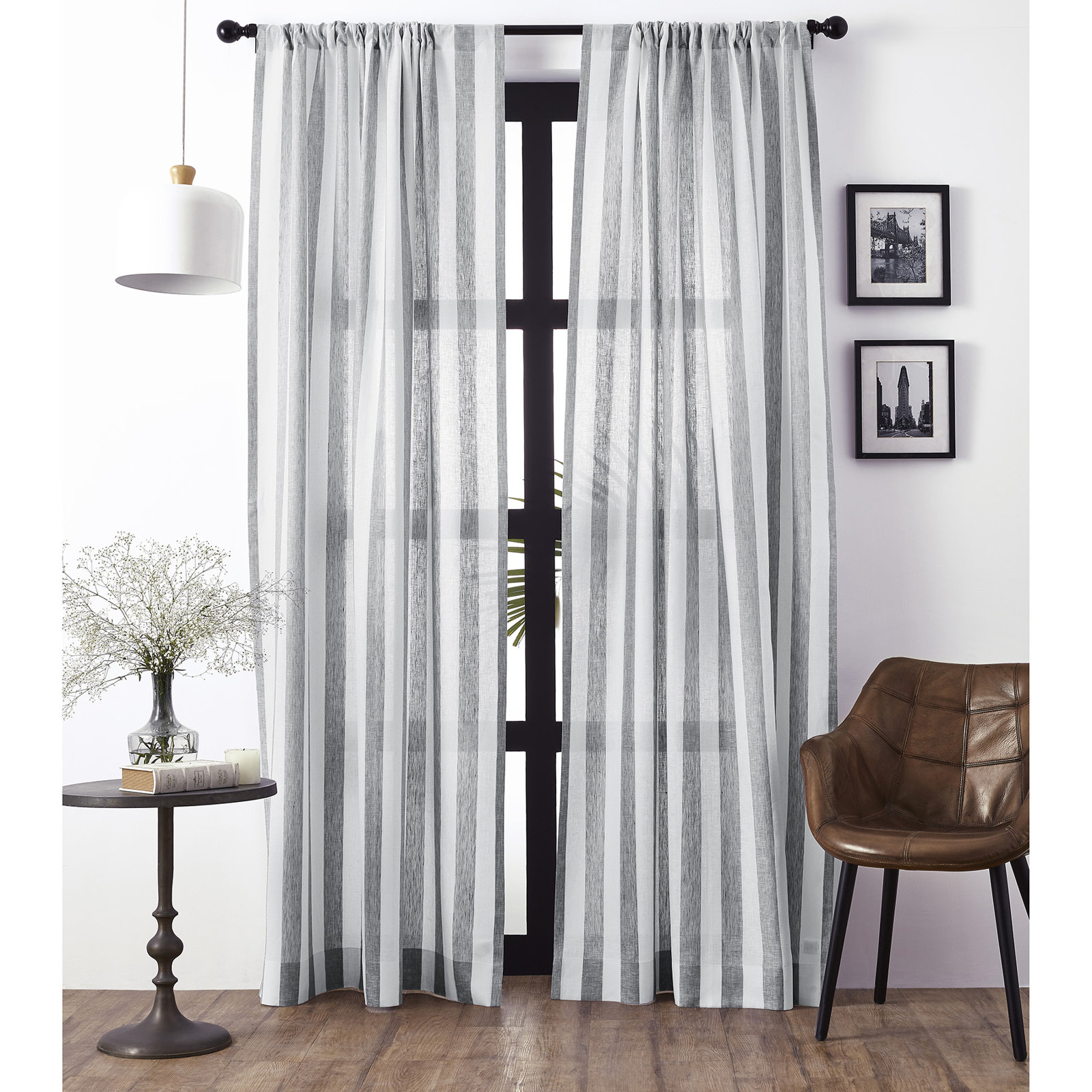 Striped Pure Linen Semi-Sheer Curtain Panel, Grey and White, 52" W x 84" L