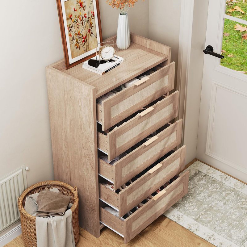 46" Tall Rattan 5 Drawer Boho Dresser, Chest of Drawers with Gold Metal Handles Clothes Storage Cabinet, Natural