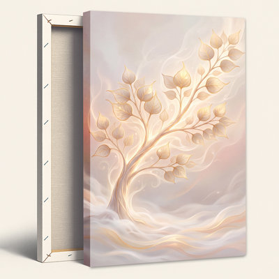 Arbre doré lumineux sur fond crème et rose tourbillonnant, tableau mural