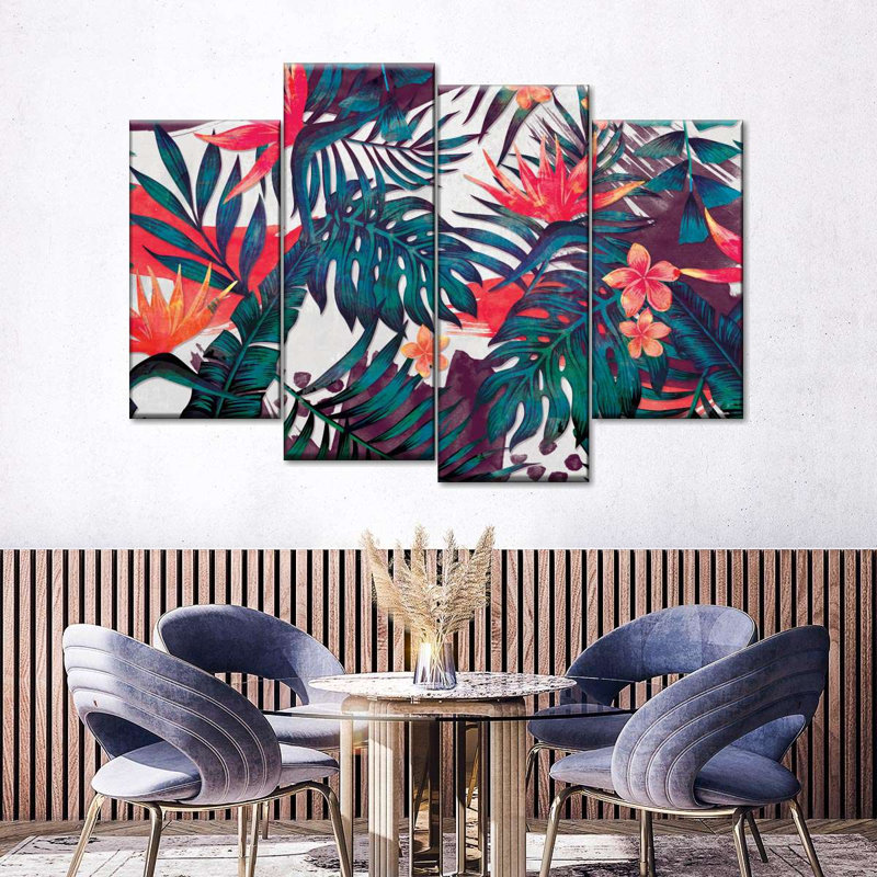 «Leaf Tropical Palms And Flowers», ensemble de 4 pièces sur toile par Maya Blooms, H 32 po x l 52 po